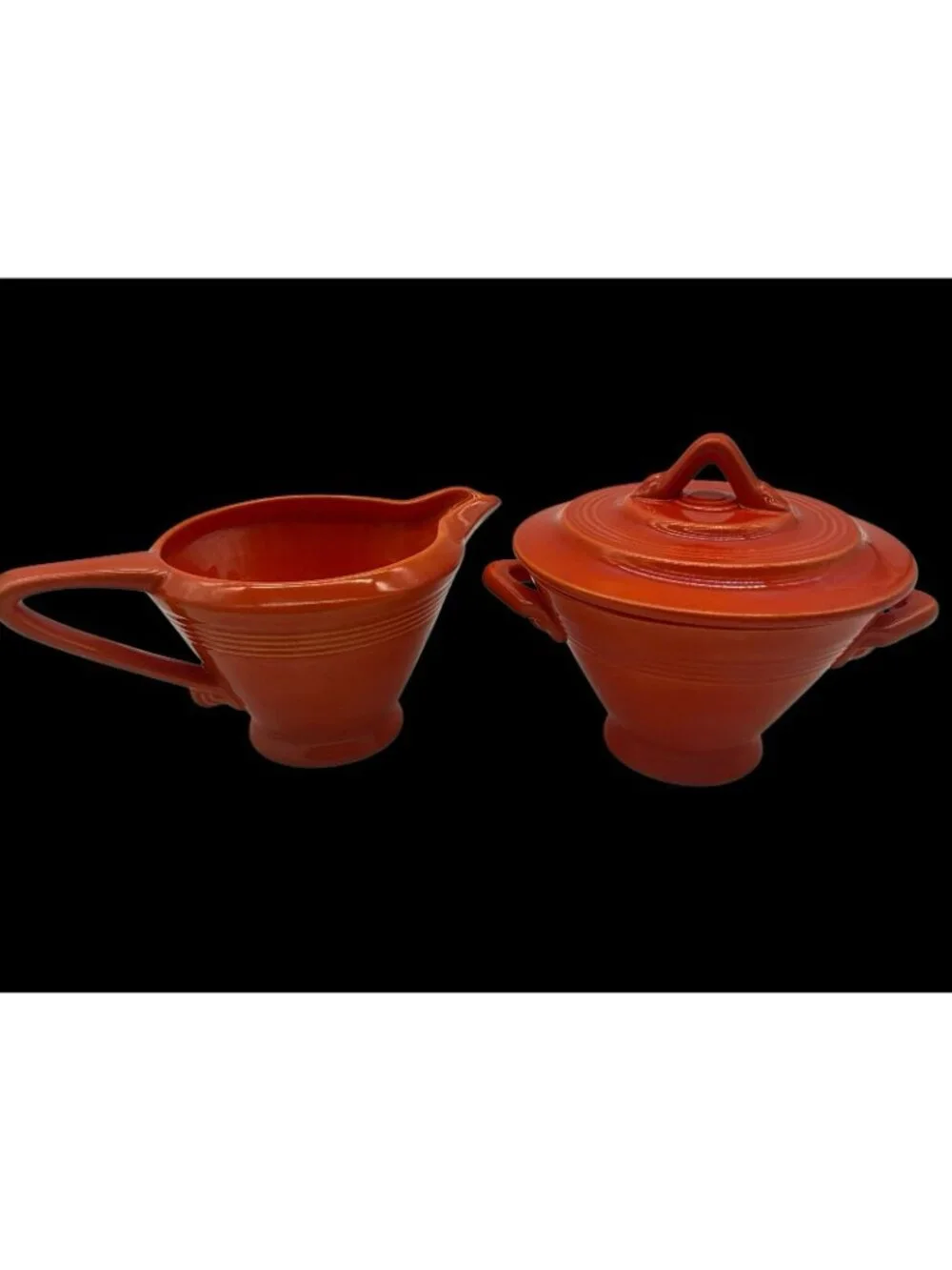 Homer Laughlin Harlequin Creamer and Lidded Sugar Bowl in a Red-Orange Glaze VTG